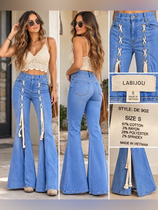 Labijou Denim - LABIJOU Lace Up Cutout Super Flare Boho Festival Bell Bottom Jeans Size Small